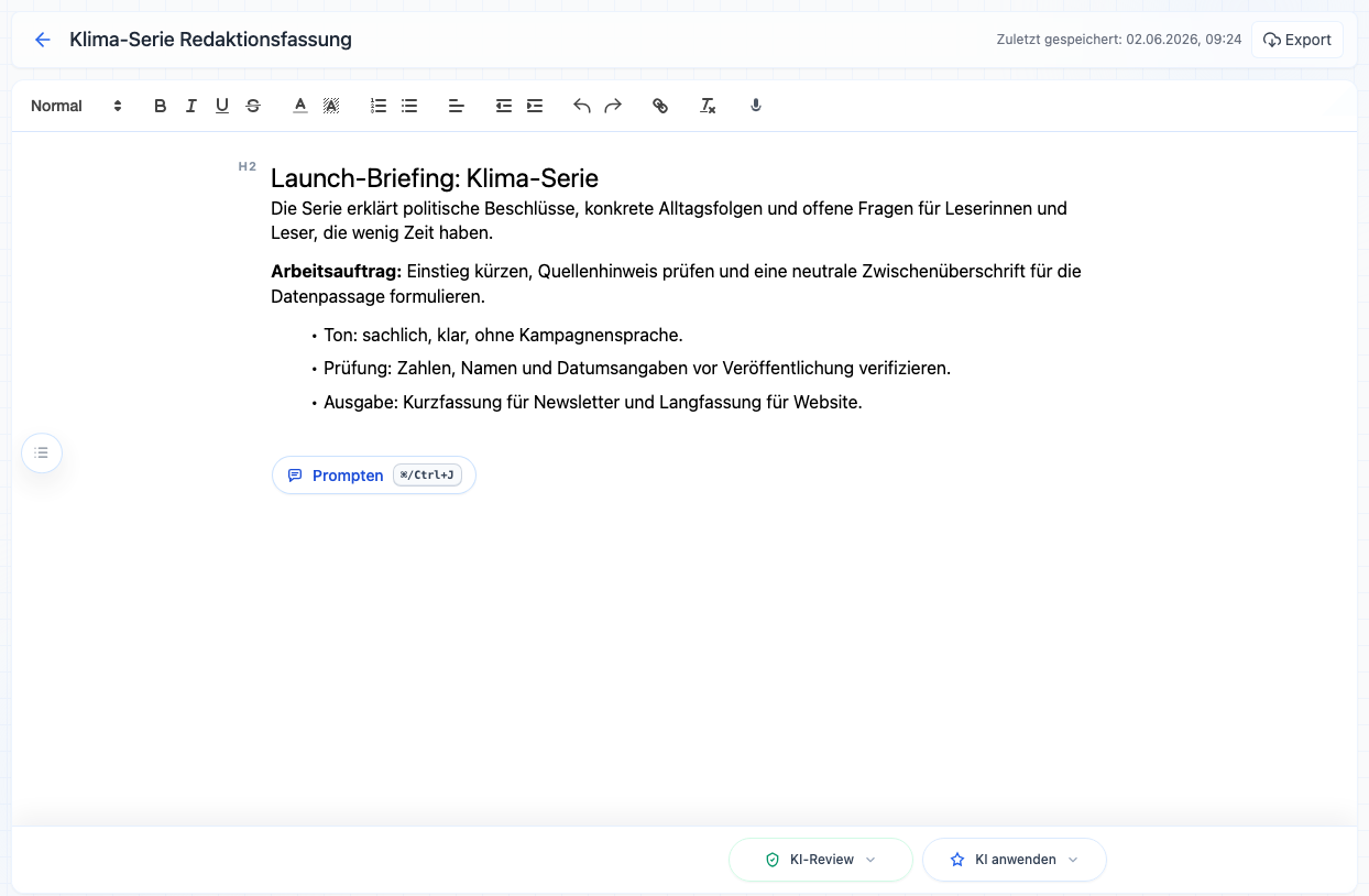 Promptly Dokumenteneditor mit Titelzeile, Toolbar, KI-Review, KI anwenden und Export.